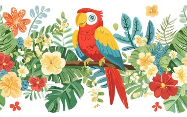 Fototapeta premium A colorful parrot perched amidst vibrant tropical flowers and lush green foliage in a lush garden setting