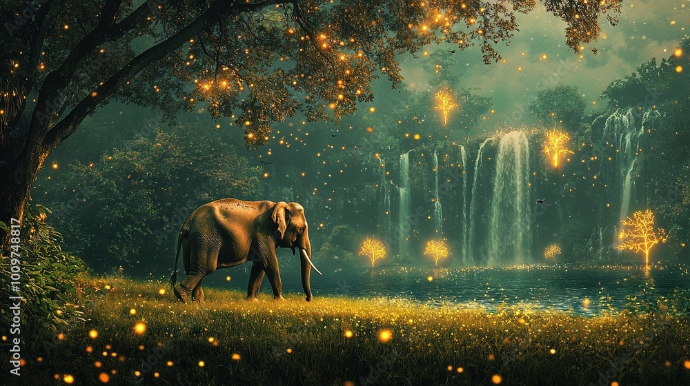 Poster an image of an elephant standing on a green field next to a forest alive with fireflies, and a water