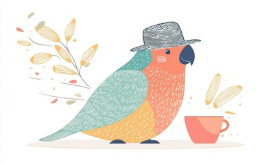 A charming parrot wearing a stylish hat enjoys a cup of coffee in a whimsical, artistic setting filled with leaves