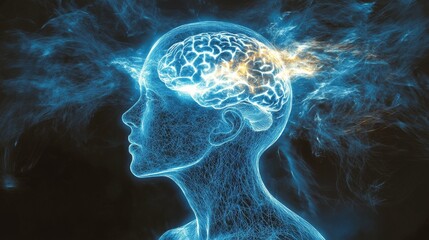 Exploring neural pathways in a human brain illuminated with glowing connections and sparks