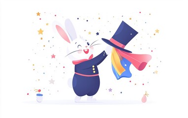 A cheerful rabbit magician performs a delightful illusion with colorful scarves and a top hat under a starry backdrop