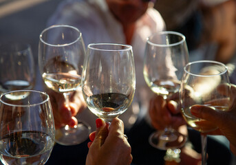 A group of people toast with crystal glasses with albariño wine, white wine