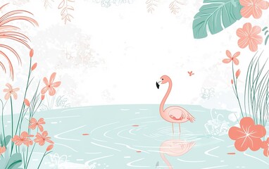 Naklejka premium A serene flamingo gracefully wades through a tranquil pond surrounded by delicate flowers and lush greenery in a dreamy pastel landscape