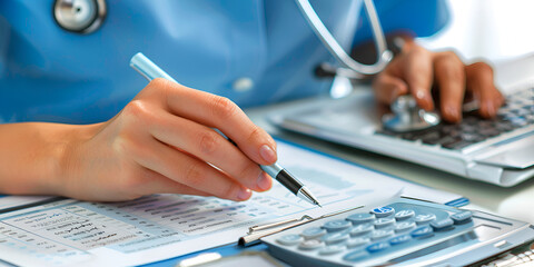 Fototapeta premium Doctor Calculating Healthcare Costs with Calculator, Medical Professional Using Calculator and Laptop for Billing
