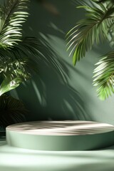 Fototapeta premium A serene green backdrop with round platform surrounded by lush palm leaves in soft sunlight