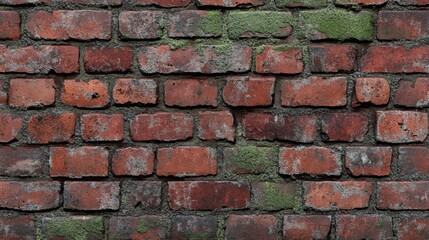 Obraz premium Textured red brick wall with patches of green moss showcasing rustic charm in urban setting