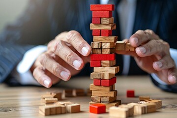 close-up shot of a businessman holding a red core values block under a wooden tower, symbolizing ethics and commitment in business leadership.