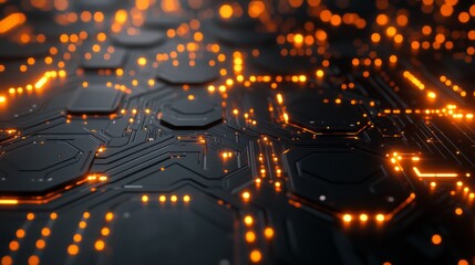 Illuminated circuit board design showcasing intricate patterns and glowing elements at night