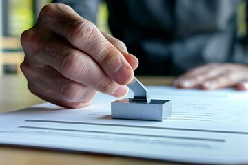 close-up shot of a human hand using a stamp to approve a confidential document on a desk.
