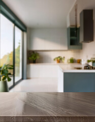 Fototapeta premium Stylish marble tabletop on wooden platform with copyspace for your logo at blurry kitchen utensils and dishes on light wall background. 3D rendering, mock up