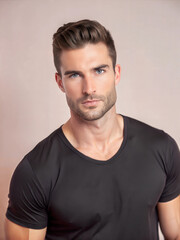 Fototapeta premium A young man with striking blue eyes and a confident expression poses in a fitted black shirt against a neutral background. Generative AI