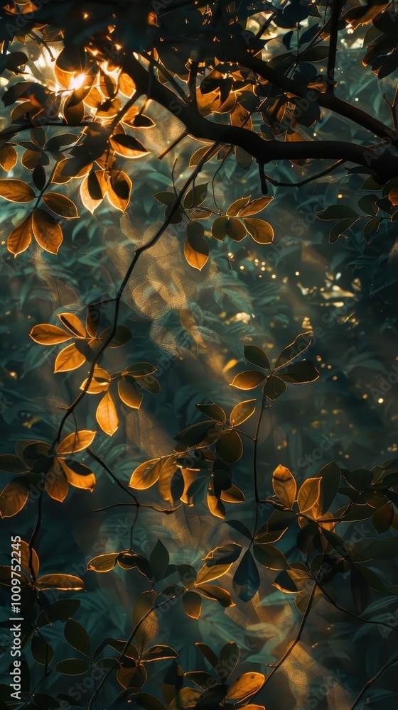 Poster sunlight filtering through lush tree leaves creates enchanting light patterns on the forest floor