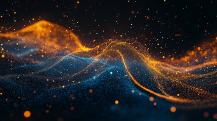 Mysterious glowing wave with sparkling particles swirling in dark space at night