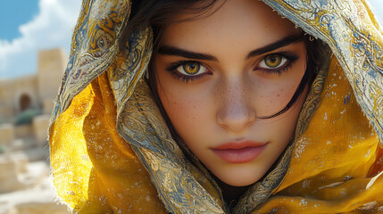 Captivating Portrait Beautiful Young Woman Golden Eyes Intricate Headscarf Vibrant Expressions Mesmerizing Features Stunning Close-Up Artistry
