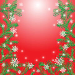 New Year vector background. Color illustration of New Year's fir branches and snowflakes on a red background. Frame for congratulations, cards and invitations.