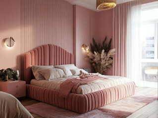 Cozy pink bedroom with elegant decor and soft lighting, designed for relaxation and comfort