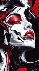 illustration of marble, ink, and red liquid art piece depicting a woman's face