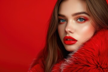 Stylish girl in red faux fur coat on red background.
