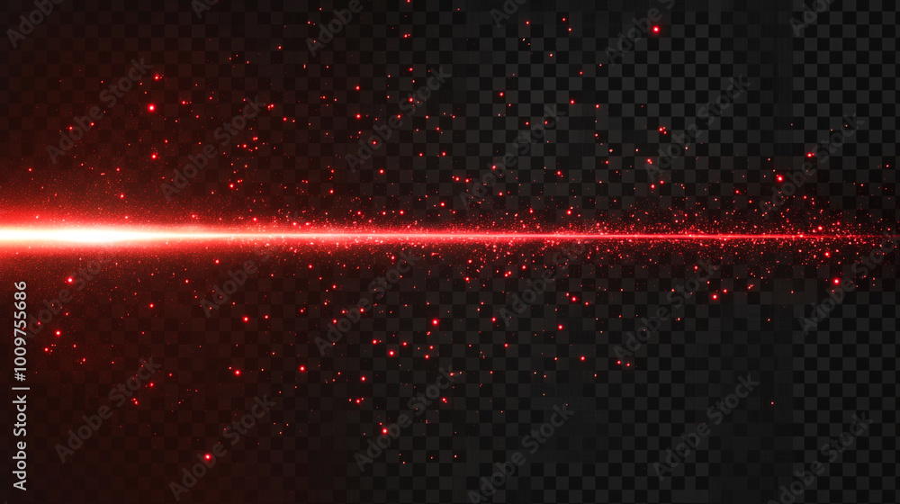 Poster dynamic red laser beam with sparkling particles against a transparent background