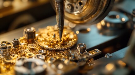 An expert craftsman carefully assembles intricate machinery components, showcasing detailed gears and mechanisms under natural light in the workshop