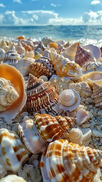 A colorful cluster of river shells rests on a sandy beach with the sea in the background