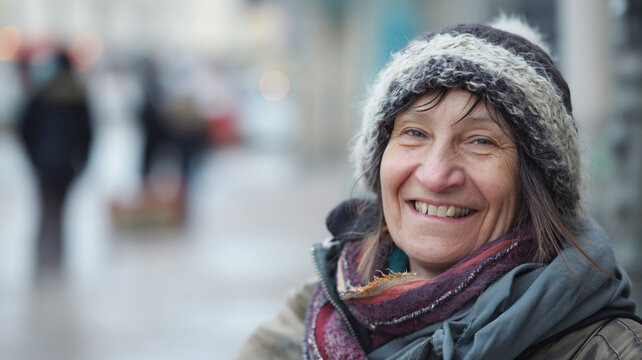 Smiling homeless woman wearing a fuzzy beanie and layered scarves standing outdoors. Blurred street background with people and buildings