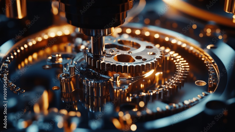 Poster close-up view of complex machinery components showcases the intricate design and arrangement of gear