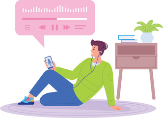 Young man listen audio at home. Podcast user