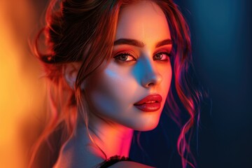 Fototapeta premium Beautiful woman with evening hair and makeup on gradient background.
