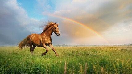 Obraz premium Majestic horse running freely in sunlit field under vibrant rainbow, symbol of freedom and beauty, natural harmony concept