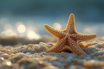 A golden starfish rests on the sandy beach with the ocean in the background.