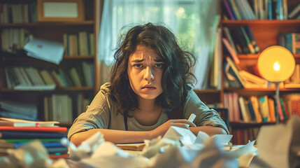 Stressed young woman surrounded by crumpled papers in messy office space, creative block concept