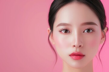 Fototapeta premium Portrait beautiful woman asian with clean skin natural make up she used her nose pink background