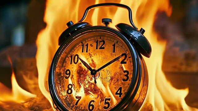 A vintage metal alarm clock burns amidst an intense blaze, indicating the urgency and chaos of time passing. The vibrant flames engulf the clock, highlighting themes of stress, deadlines, and