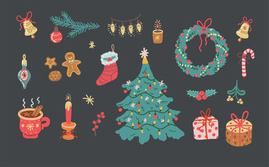 Christmas elements. Vintage Christmas decoration, fir tree, wreath, and candles on dark background. Cozy winter illustration.