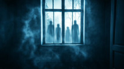 Silhouetted figures behind foggy window creating eerie, mysterious atmosphere in dim room, ghostly presence concept