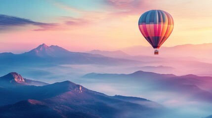 Hot Air Balloon Flying Over Mountains at Sunset