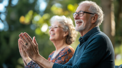 Seniors, elderly couple outdoors, clapping hands, joyful expressions, focus on joy, sunny day, greenery, happy moment, positive emotions, lifestyle concept