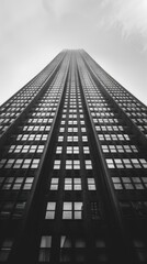 A towering modern skyscraper with rows of windows reaching into the cloudy sky in the city