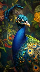 Fototapeta premium Colorful Indian peacock birds in natural vibrant surroundings photos