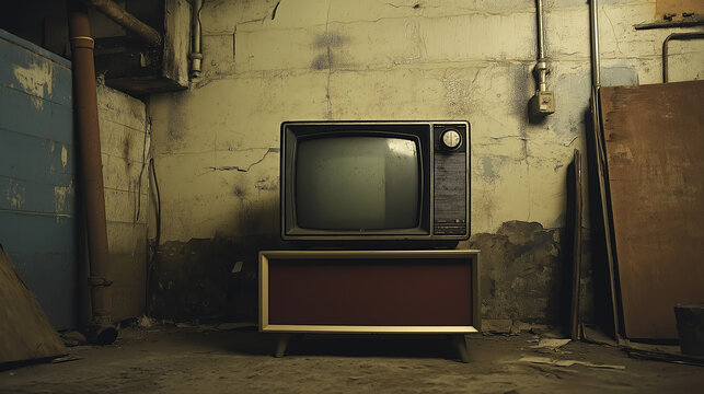 Vintage TV in abandoned room, retro television set with static screen, dilapidated walls and moody lighting, vintage aesthetics concept - Powered by Adobe