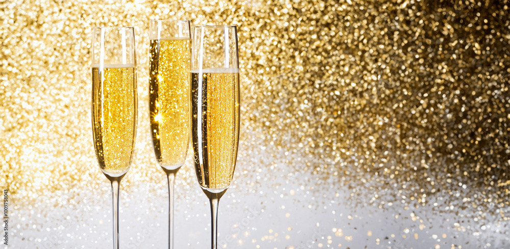 Wall mural flutes with champagne or fizzy white wine on black background with blurred sparkles in the back. hig