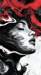 Naklejka premium illustration of marble, ink, and red liquid art piece depicting a woman's face