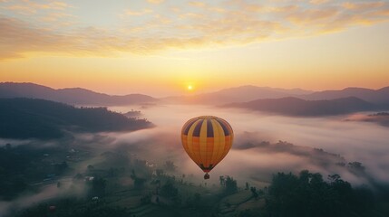 Obraz premium Hot Air Balloon Soaring Above Misty Mountains at Sunrise