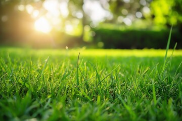 Fototapeta premium A sunlit field of vibrant green grass with blurred trees providing a peaceful ambiance.