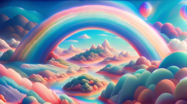 Pastel clouds with a beautiful rainbow. 3d rendered rainbow sky, clouds, land Looped cartoon sweet rainbows and flowers animation.