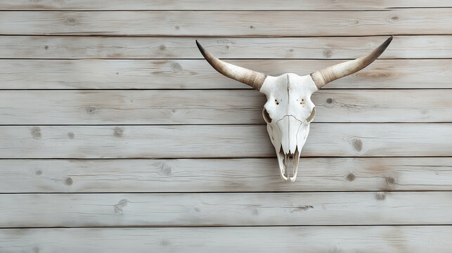 Bull skull with large horns mounted on a rustic wooden wall as a symbol of Western heritage and decor, rustic home decor concept