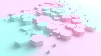 Hexagonal shapes in pastel pink and blue tones creating a geometric abstract design. AI-generated.
