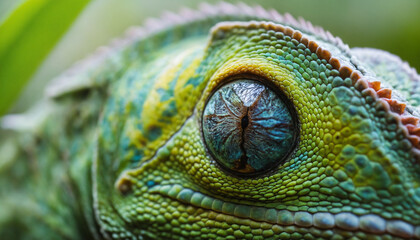 Fototapeta premium Extreme close-up of a chameleon's eye, highlighting the unique structure and color patterns, with a blurred background of lush greenery.