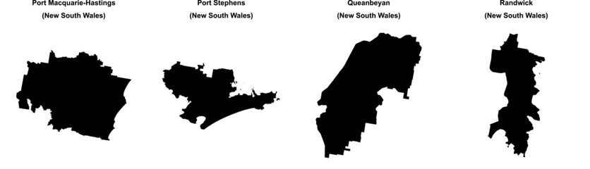 Port Macquarie-Hastings, Port Stephens, Queanbeyan, Randwick outline maps